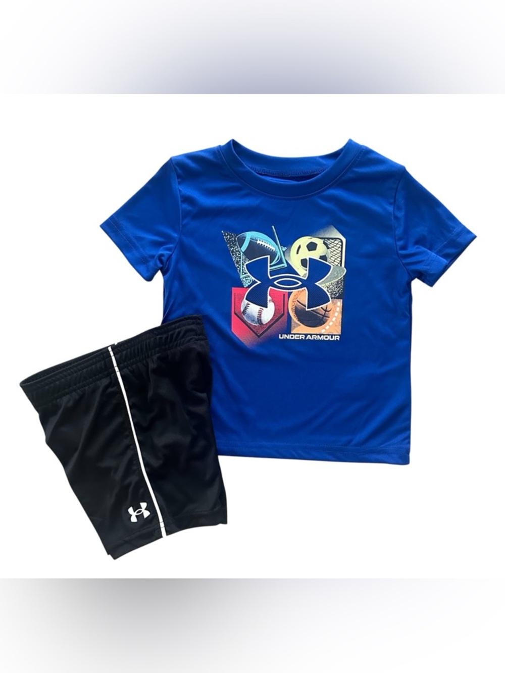 NWT Boys Size 2T Under Armour 2PC Set Blue Sports Graphic Tee Black Shorts